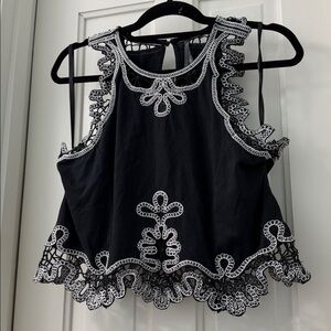 EUC BY ANTHROPOLOGIE Black Tank with Open Lace White Crochet Trim Embroidered